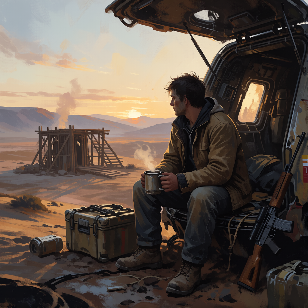 An ordinary colonist sitting on a crashed drop-pod at dawn with a mug, looking over a valley