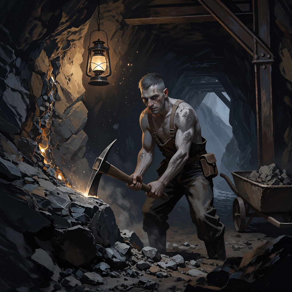 A grey-skinned miner swinging a pickaxe at an ore seam by lantern light