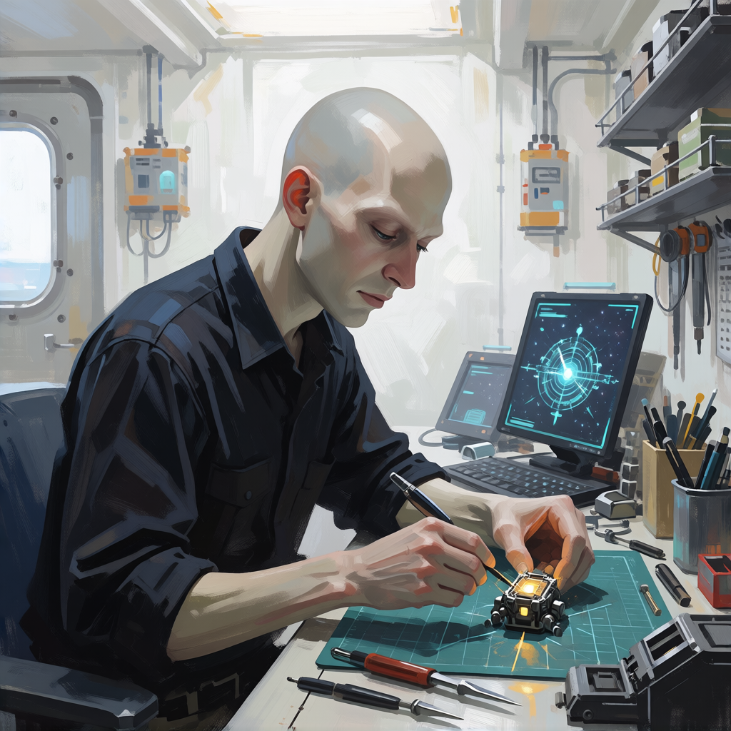 A hairless, thin engineer assembling a glowing component at a white workbench