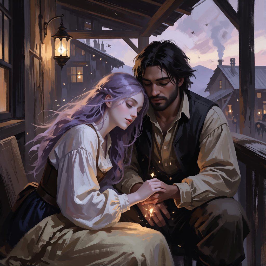 Two figures close together on a porch at dusk, hands joined
