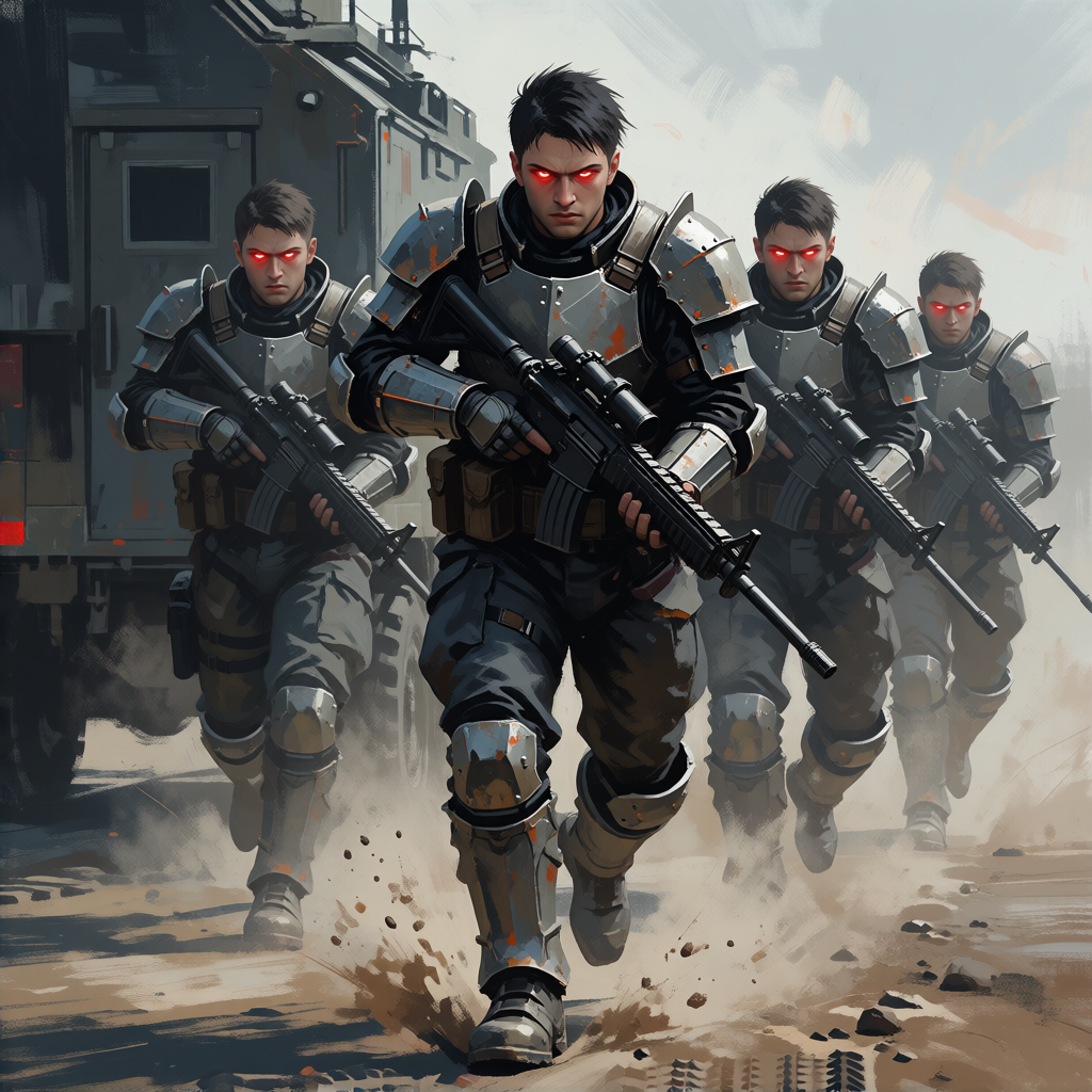 A squad of red-eyed soldiers in grey armour advancing through dust