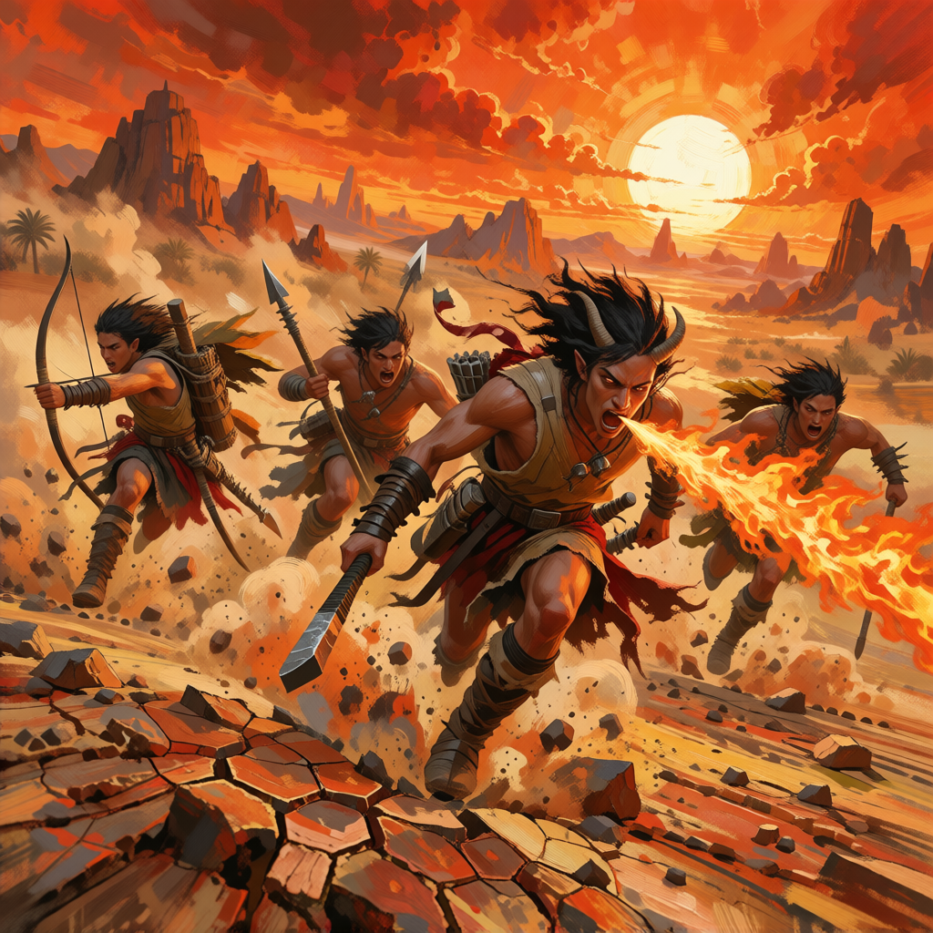 Horned, orange-skinned figures sprinting across a cracked desert under a white-hot sun