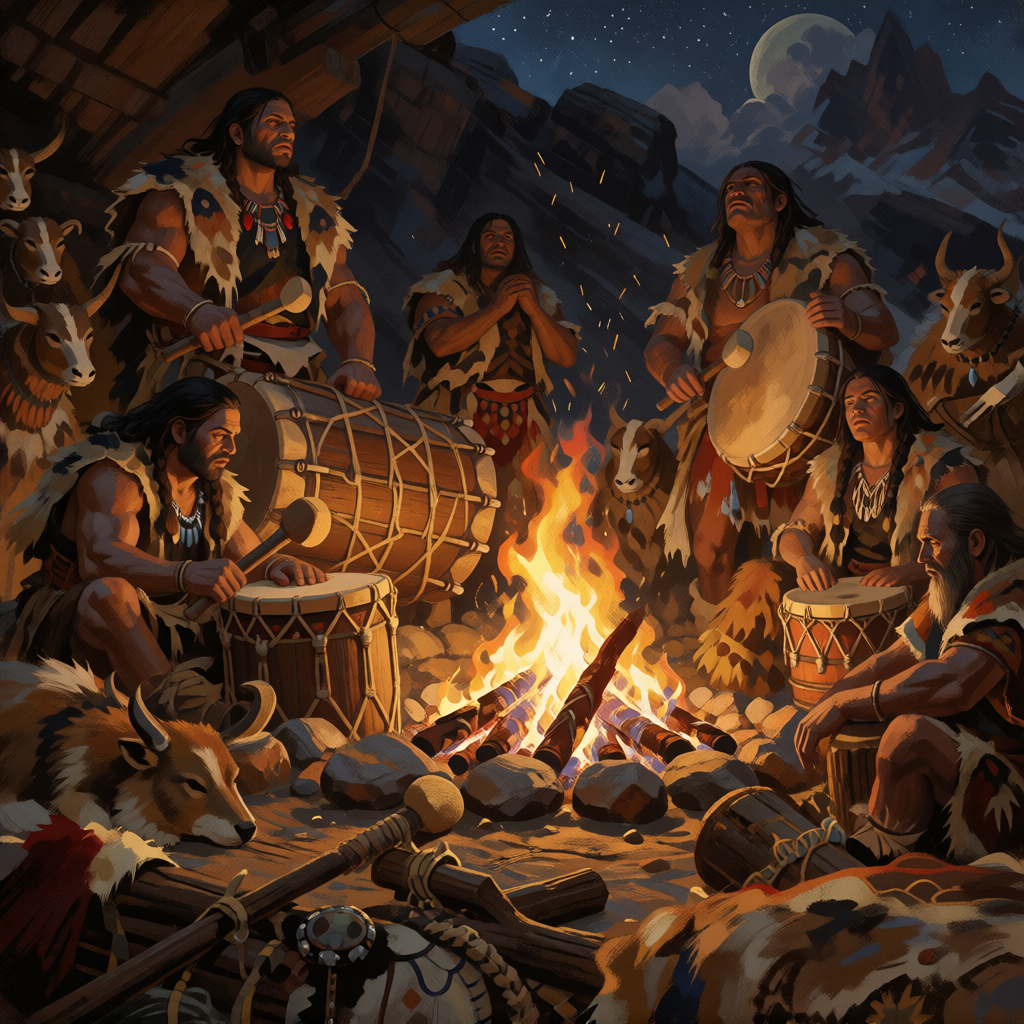 A heavy-browed tribe around a night fire, beating log drums