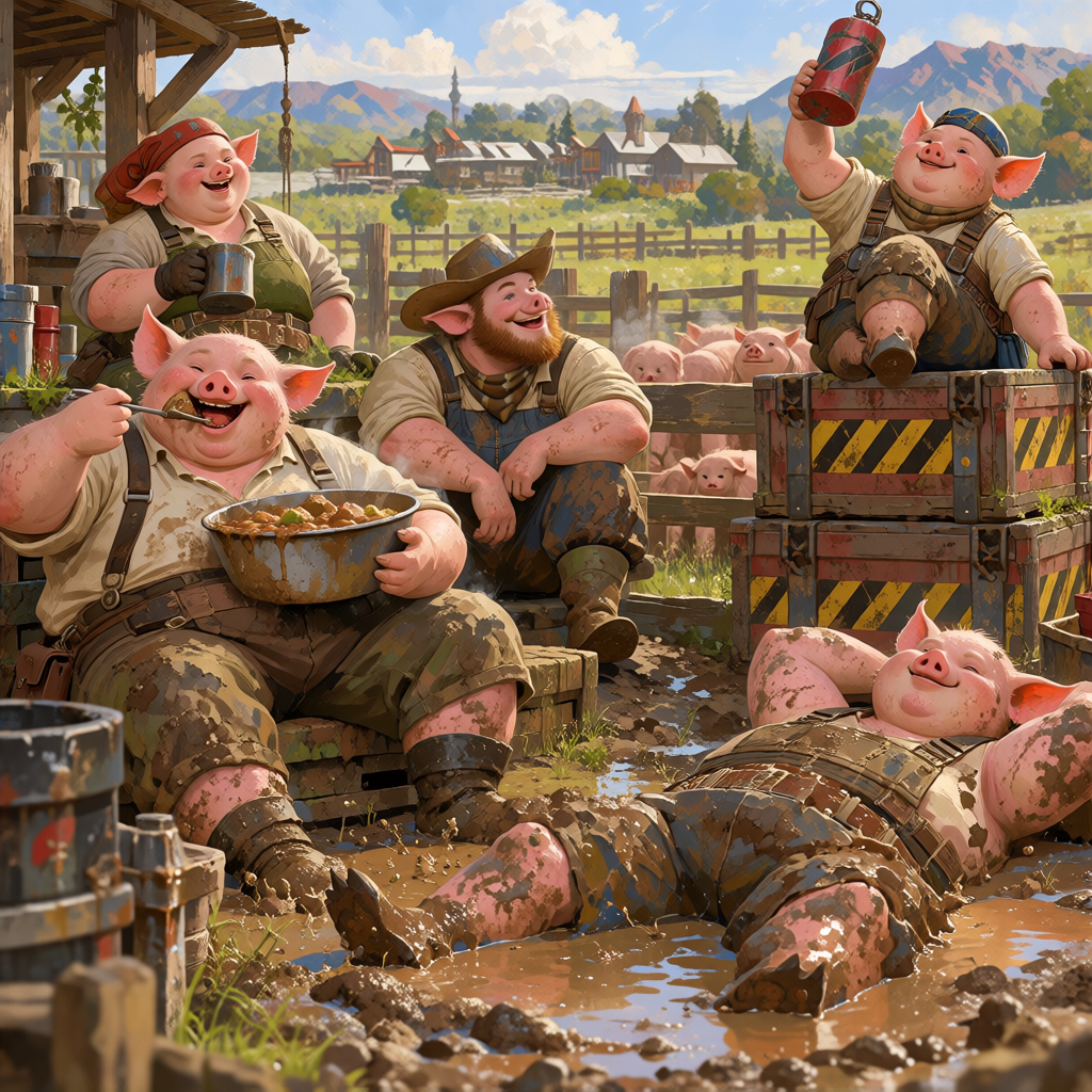 A cheerful crew of pig-eared, snouted people in a muddy farmyard, one sitting on explosives crates