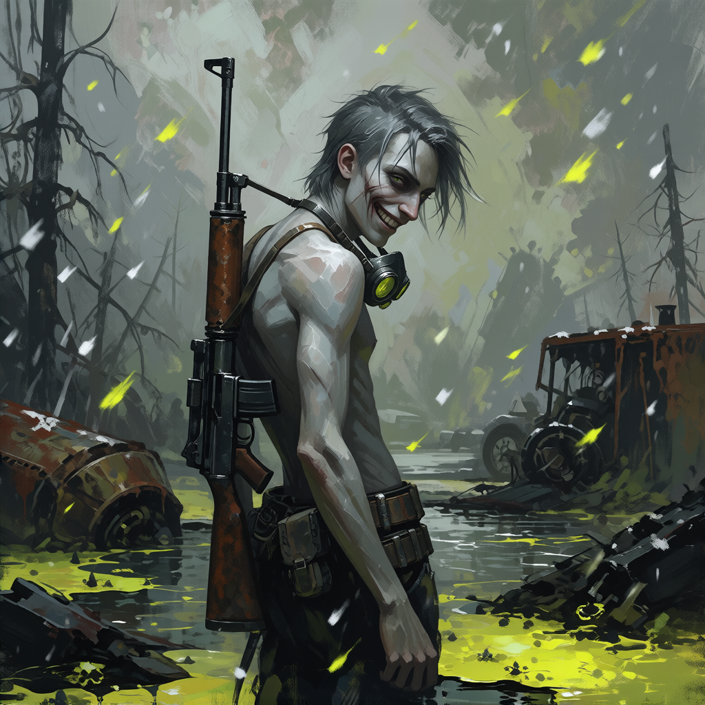 A gaunt grey-skinned figure grinning in a polluted wasteland as yellow-green fallout drifts down