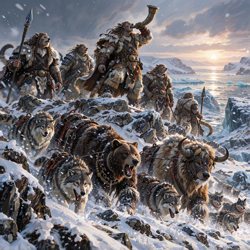 Fur-covered warriors on a frozen ridge, one raising a horn, beasts surging forward below
